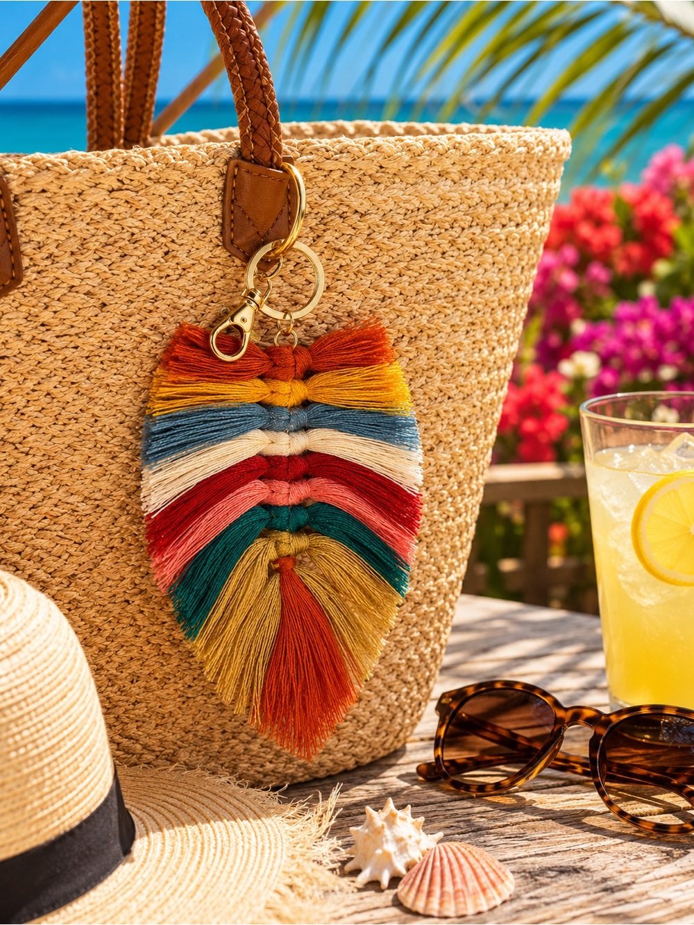 Boho Macrame Leaf Keychain Bag Charm Multicolor